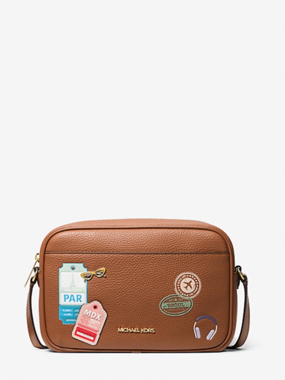 Michael Kors Brown Pebbled Leather Crossbody Bag with Travel Patch Accents